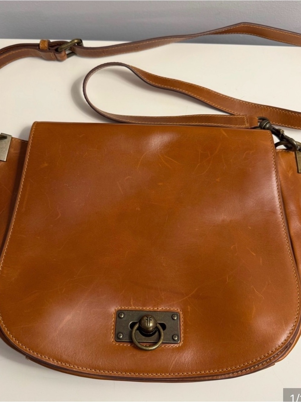 Frye Tan Leather Messenger Bag with Brass Ring Lock and wallet